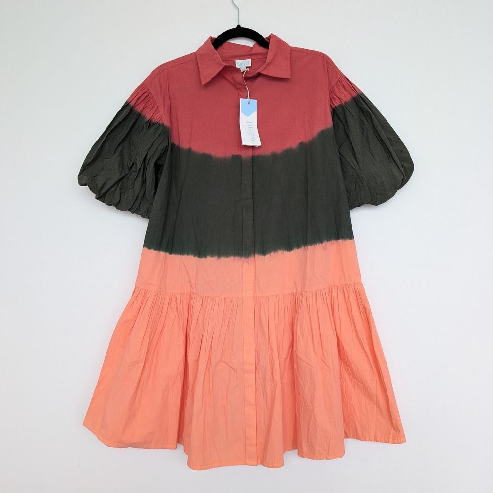 NWT Wknd Wyfr Frock-It Ombre Colorblock Collared Puff Short Sleeve Dress Sz M